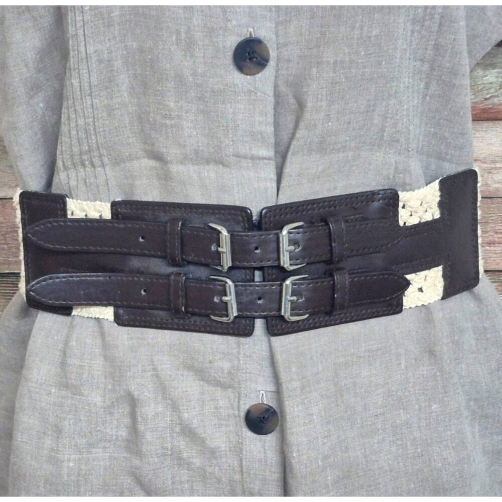 Vintage 90s Lake Shore Drive Brown Double Buckle Belt Cream Crochet Stretch Boho